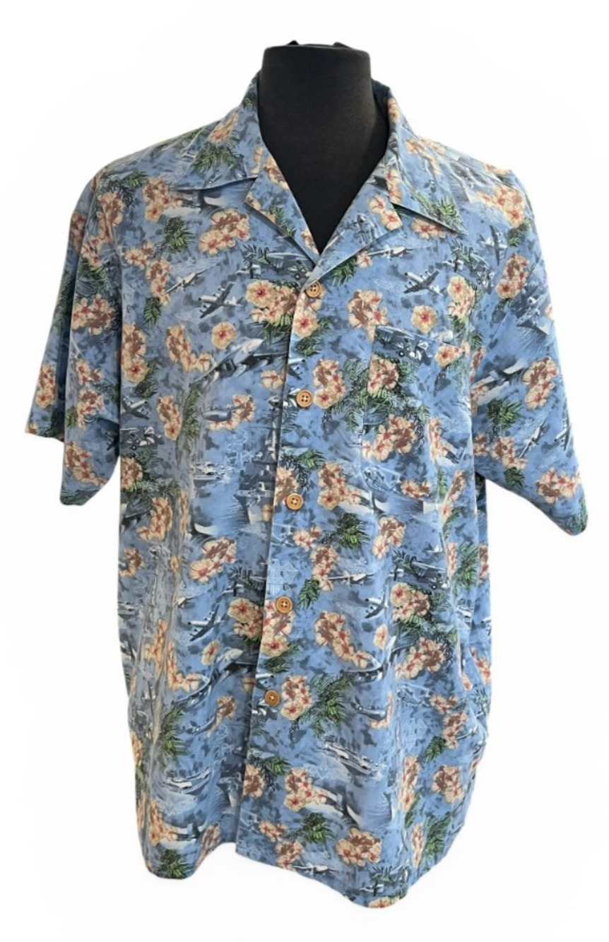 Kamp Shirt by Eagle Crest Mens XXL Blue Floral USN Aircraft Ships Hawaiian Aloha